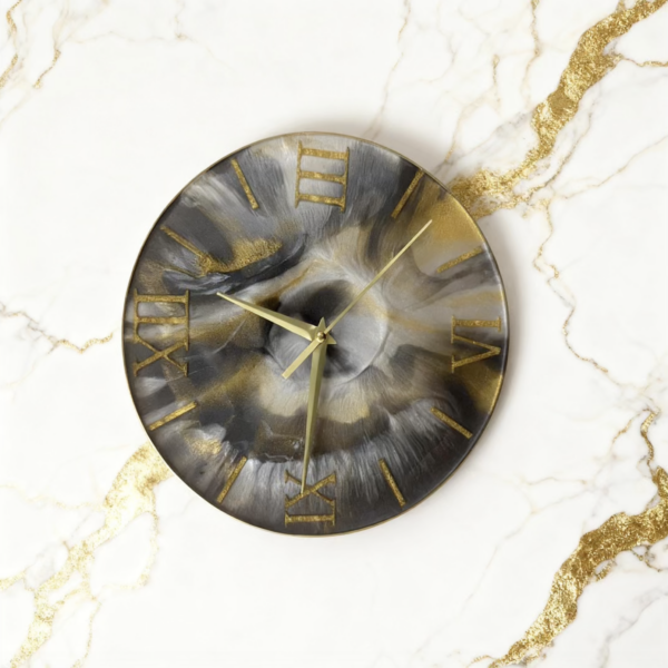 Resin Clock- Gold/black Marble- 10"